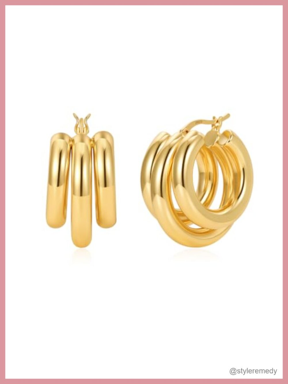 925 Sterling Silver Post Hoop Earrings Gold Plated Triple Layer Hollow Tube